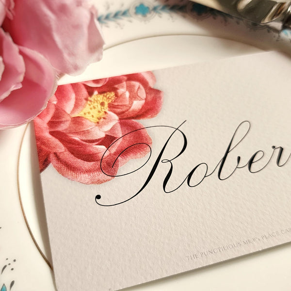 detail of showing the event size custom place cards of the Punctilious Mr. P's Place Card Co. "Peony" theme