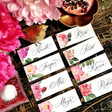 Showing all 8 images of The Punctilious Mr. P's place card co. 'Rose Garden' laydown size custom place cards on black and gold china tablescape with fresh flowers, pomegranate and bamboo