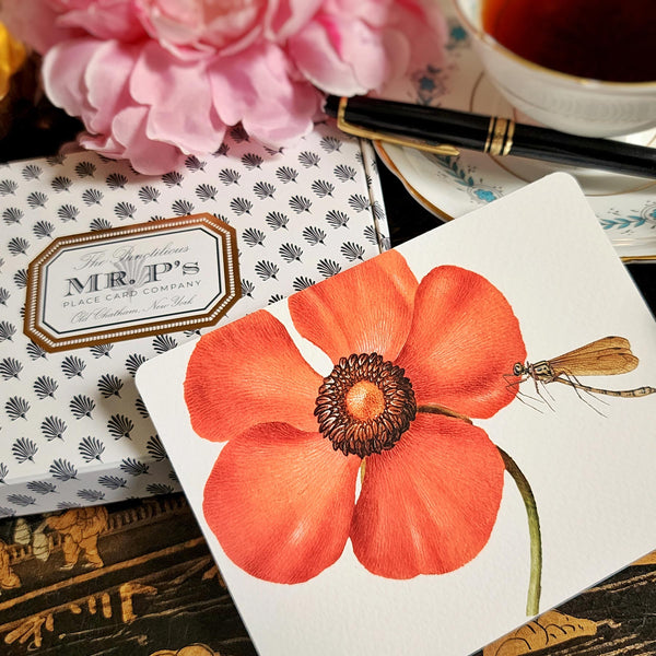 The Punctilious Mr. P's Place Card Co. 'Blossoms' custom note card pack with a montblanc fountain pen on a chinoiserie table with cup of tea and large beautiful peony flower