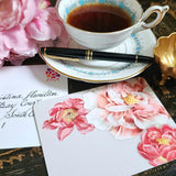 The Punctilious Mr. P's Place Card Co. 'Peony' custom note card pack with a montblanc fountain pen on a chinoiserie table with cup of tea and large beautiful peony flower