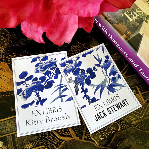 The Punctilious Mr. P's Place Card Co. personalized "blue and white" motif bookplates in the "Ex Libris" style.