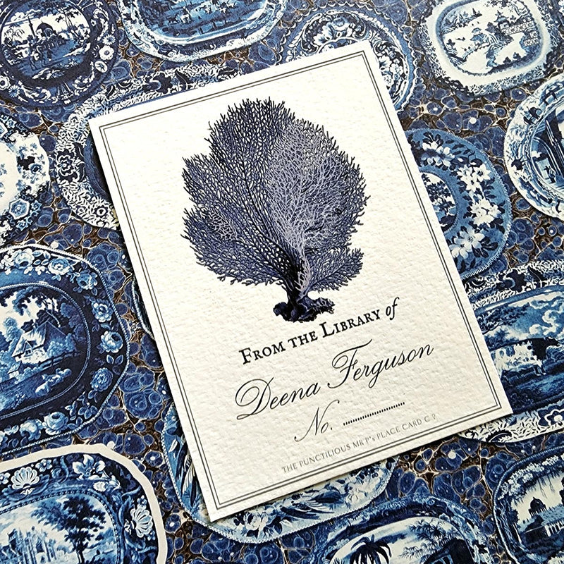 The Punctilious Mr. P's Place Card Co. personalized "blue seaweed + coral" motif bookplate in the "from the library of" style.