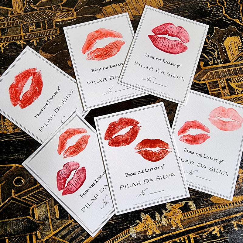 showing all 6 images of The Punctilious Mr. P's Place Card Co. personalized "Kisses" motif bookplate in the "from the library of" style.