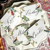 the punctilious mr. P's place card co. 'birds of india' event size laydown custom place card with a beautiful d'ascoli tablecloth