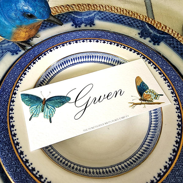 The Punctilious Mr. P's Place Card Co. 'blue butterflies' laydown oblong size custom place cards on blue and white china tablescape