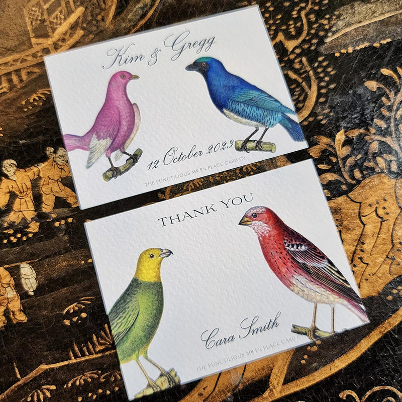 showing both of The Punctilious Mr. P's Place Card Co. "Chromatic Cuckoo" Custom Gift Notes on a chinoiserie table