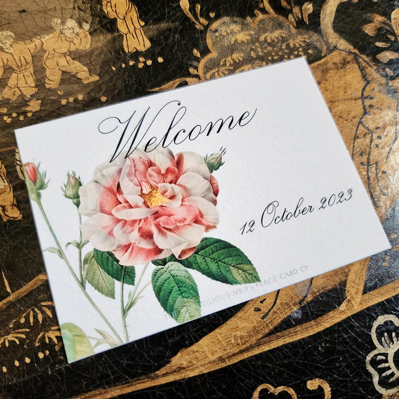 The Punctilious Mr. P's Place Card Co. "Rose Garden" Custom Gift Notes on a chinoiserie table