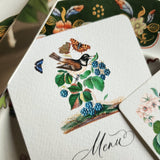 Birds, Berries & Butterflies Menu Cards - s/4 - The Punctilious Mr. P's Place Card Co.