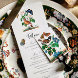 Birds, Berries & Butterflies Menu Cards - s/4 - The Punctilious Mr. P's Place Card Co.