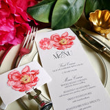 Peony - Custom Menu Cards - s/4 - The Punctilious Mr. P's Place Card Co.