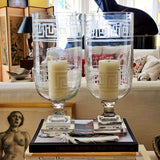 Tall Greek Key Cut Glass Hurricane Candle Holders - Pair - The Punctilious Mr. P's Place Card Co.