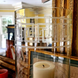 Tall Greek Key Cut Glass Hurricane Candle Holders - Pair - The Punctilious Mr. P's Place Card Co.