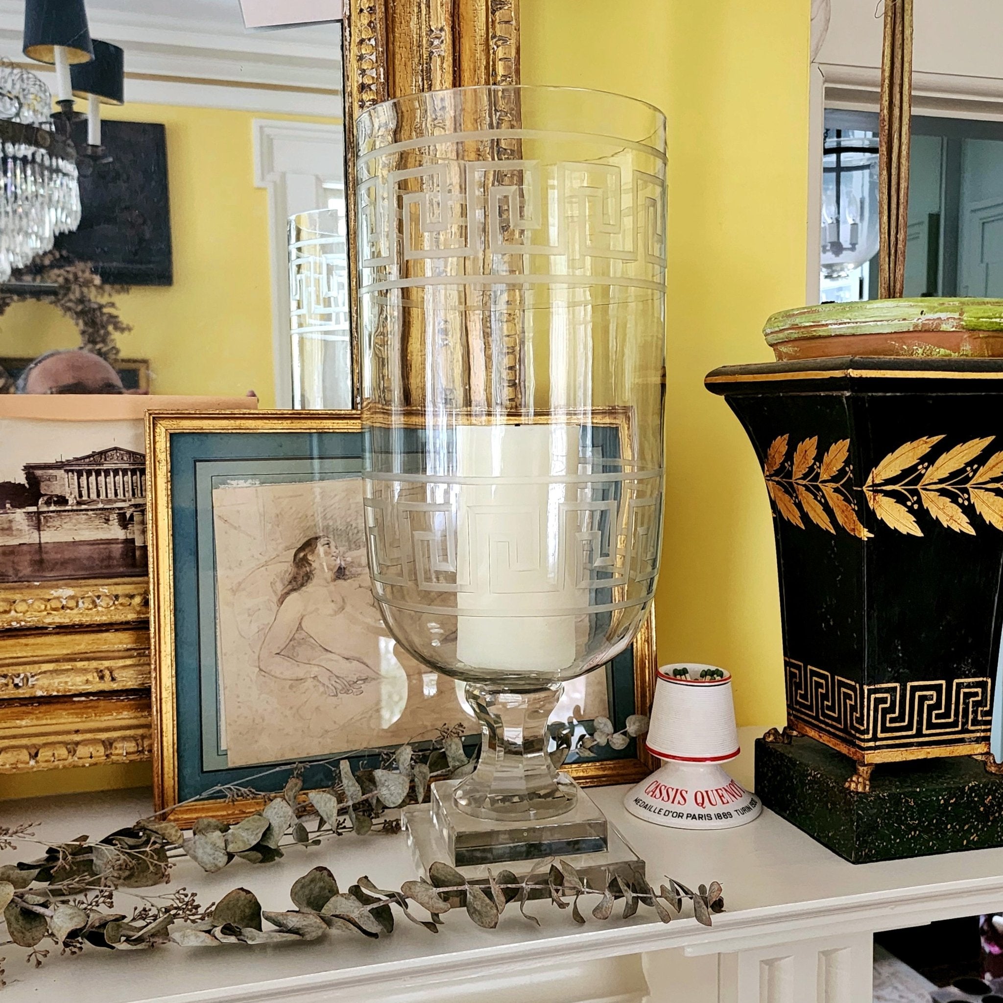 Tall Greek Key Cut Glass Hurricane Candle Holders- Pair | Mr. P's