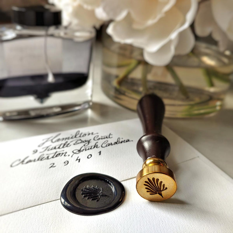 The Punctilious Mr. P's Place Card Co. anthemion wax seal, ink bottle and beautiful vase of peony flowers