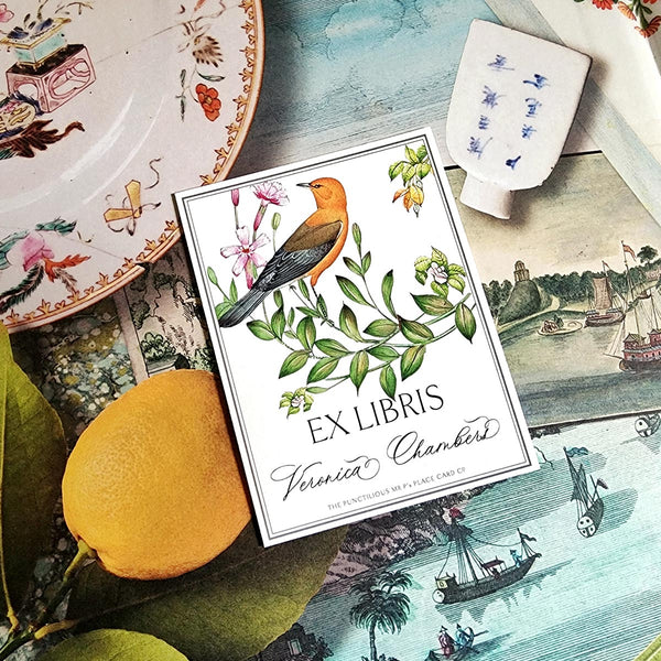 The Punctilious Mr. P's Place Card Co. personalized "Birds of India" motif custom bookplate in the "Ex Libris" style.