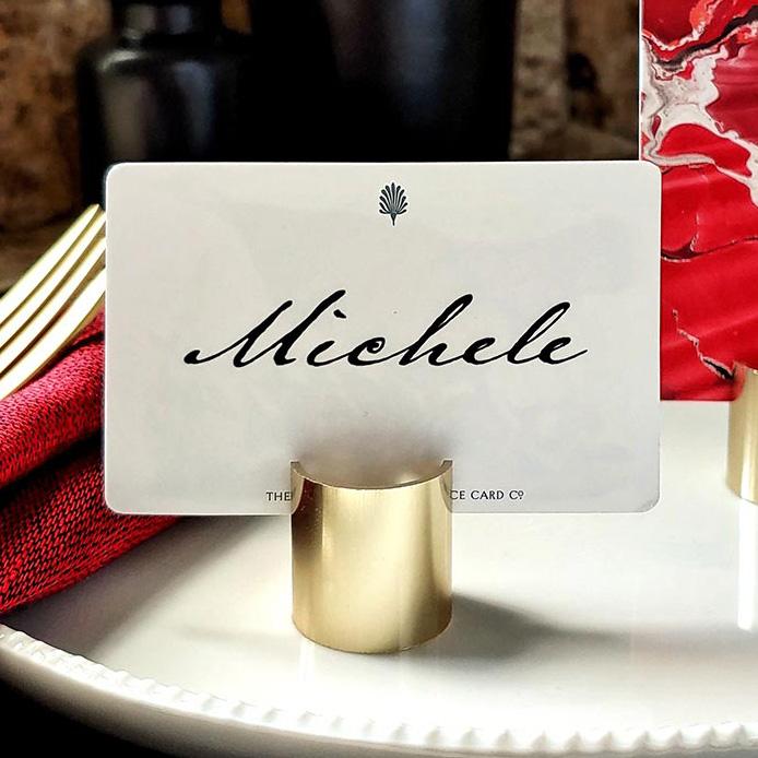 The Punctilious Mr. P's Gold Barrel Place Card Holder in gold