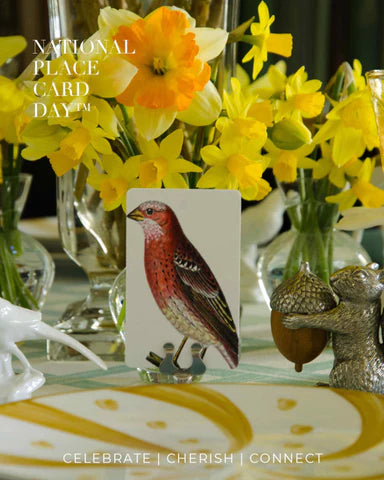 Beautiful Custom Mr.P Bird Place Card Chromatic Cuckoo Tablescape by Designer and Entertainer Extraordinaire Michael Devine set with Daffodils Fine Gold Trim Bone China Event Design