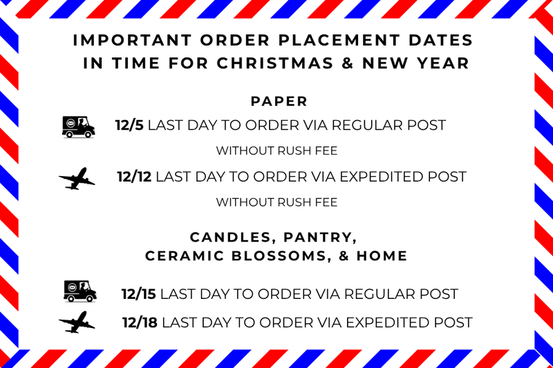 Order placement dates for Christmas and New Year with postal icons and text on a striped border.