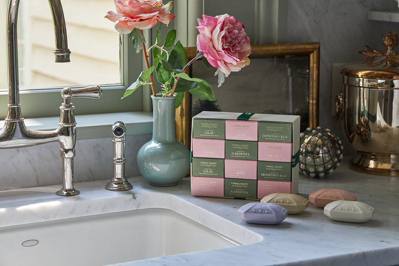 caswell-massey floral gift set on a marble sink showing the bars of soap