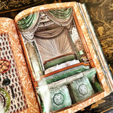 Casa Cabana book by Martina Mondadori showing page with dramatic bed with pleating in taupes and greens