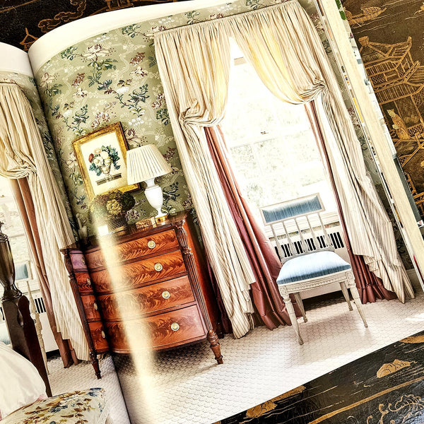 Markham Roberts- Notes on Decorating showing beautiful bedroom with antique chest of drawers and floral painted