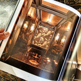 Modern English Interiors by todhunter earle book showing a stunning black powder room paneled with mirrors