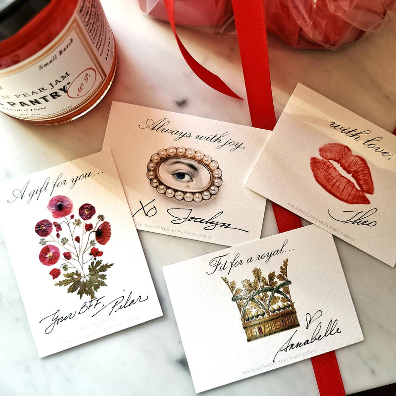 showing all 4 gift notes: kisses, the lover's eye, coronet nouveau and pressed poppies