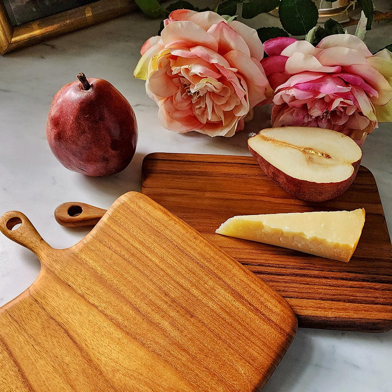 The Punctilious Mr. P's Place Card Co. Teak Mini Cutting Boards- Set with cheese , pear and charcuterie 