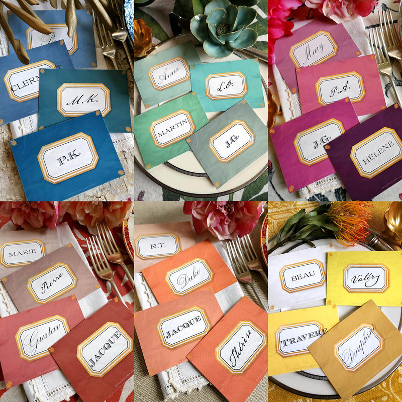 showing all 6 color palettes of The Punctilious Mr. P's Place Card Co. Envoy Event Size place cards