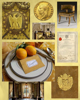 The Envoy collection mood board, inspired by the textiles and documents of the Directoire and Napoleonic era showing the 'Soleil' color way by The Punctilious Mr. P's Place Card Co.