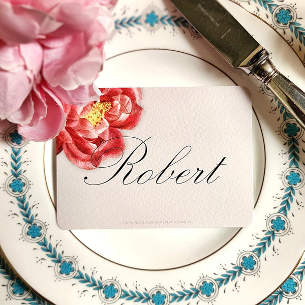 showing the event size custom place cards of the Punctilious Mr. P's Place Card Co. "Peony" theme