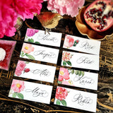 Showing all 8 images of The Punctilious Mr. P's 'Rose Garden' laydown size custom place cards on black and gold china tablescape with fresh flowers, pomegranate and bamboo