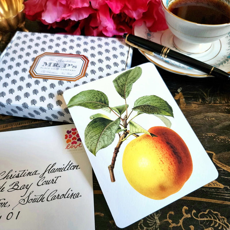 The Punctilious Mr. P's Place Card Co. 'Apple Medley' custom note card pack with a montblanc fountain pen on a chinoiserie table with cup of tea and large beautiful peony flower
