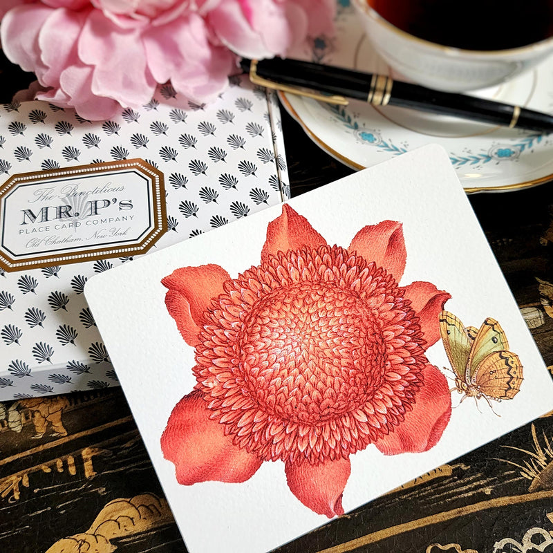 The Punctilious Mr. P's Place Card Co. 'Blossoms' custom note card pack with a montblanc fountain pen on a chinoiserie table with cup of tea and large beautiful peony flower