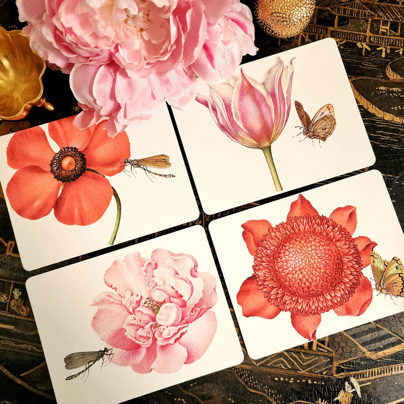 showing all 4 of The Punctilious Mr. P's Place Card Co. 'Blossoms' custom note card pack with a montblanc fountain pen on a cup of tea
