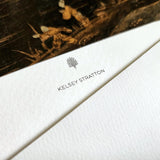 Detail of The Punctilious Mr. P's Place Card Co. custom note card showing personalized name in our smaller, simpler font