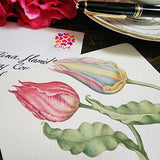 The Punctilious Mr. P's Place Card Co. 'Parrot Tulip' custom note card pack with a montblanc fountain pen on a chinoiserie table with cup of tea and large beautiful peony flower