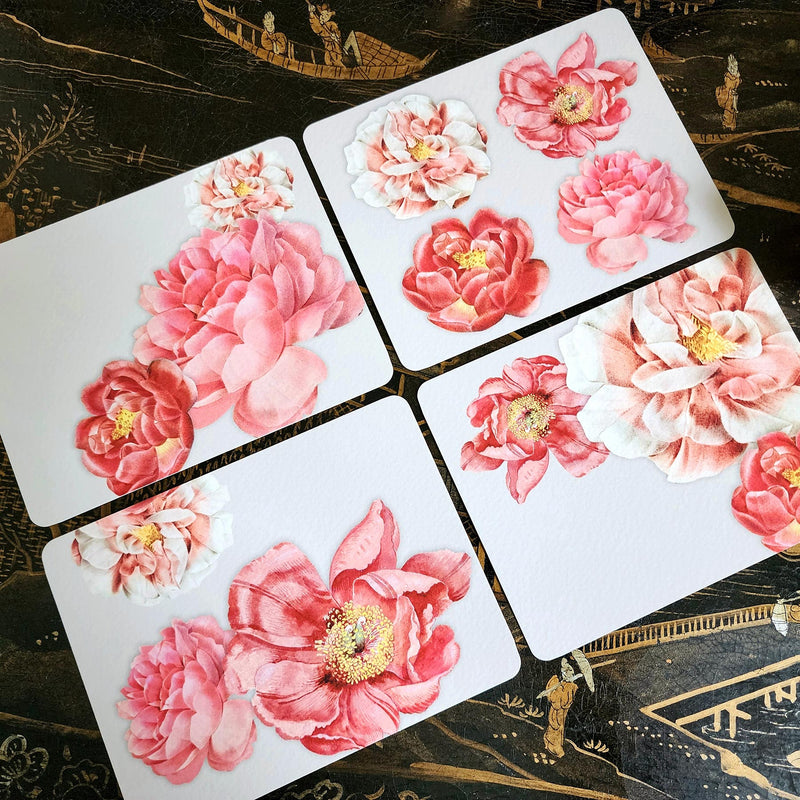 showing all 4 of The Punctilious Mr. P's Place Card Co. 'Peony' custom note card pack with a montblanc fountain pen on a chinoiserie table with cup of tea and large beautiful peony flower