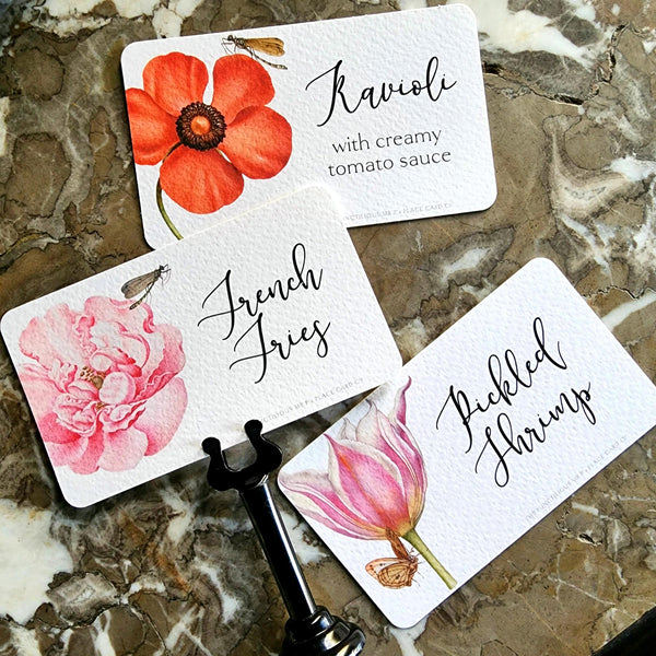 showing all three of the punctilious mr. p's Place Card Co. 'Blossoms' custom buffet tags
