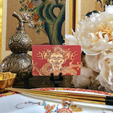 The Punctilious Mr. P's Place Card Co. 'Radiant Dragon-Cinnabar' horizontal Custom Place Cards on a chinoiserie inspired table with flowers and chopsticks