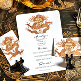 The Punctilious Mr. P's Place Card Co. 'Radiant Dragon' Custom Place Cards on a chinoiserie inspired table with flowers and chop sticks and coordinating menu