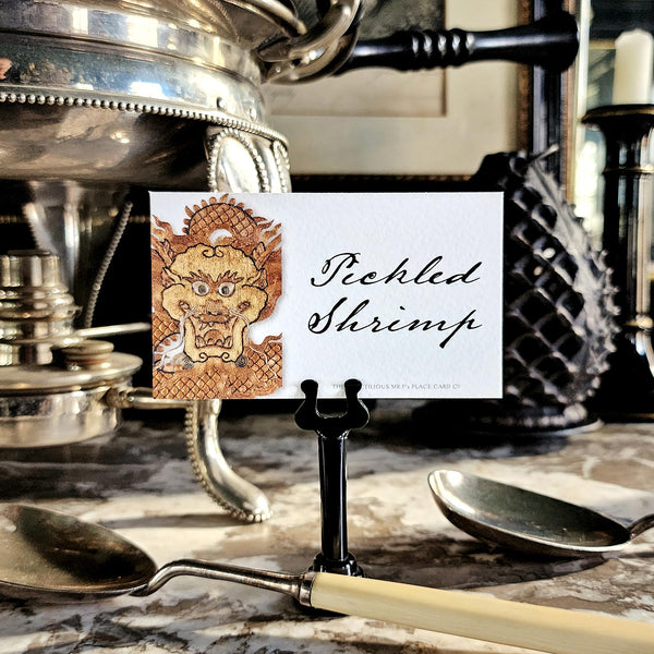the punctilious mr. p's Place Card Co. Radiant Dragon custom buffet tags