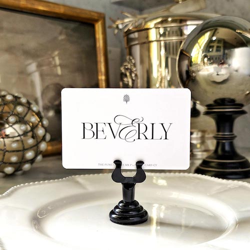 showing the back of the punctilious mr. p's place card co with the name 'beverly' printed in Mr. p's 'bel air' font