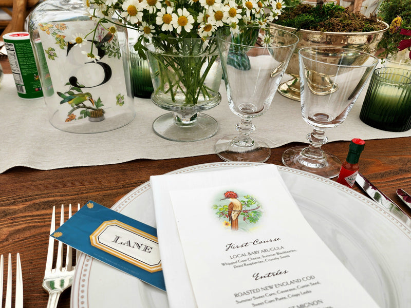 wedding tablescape featuring mr. p's envoy place cards and birds of india menus