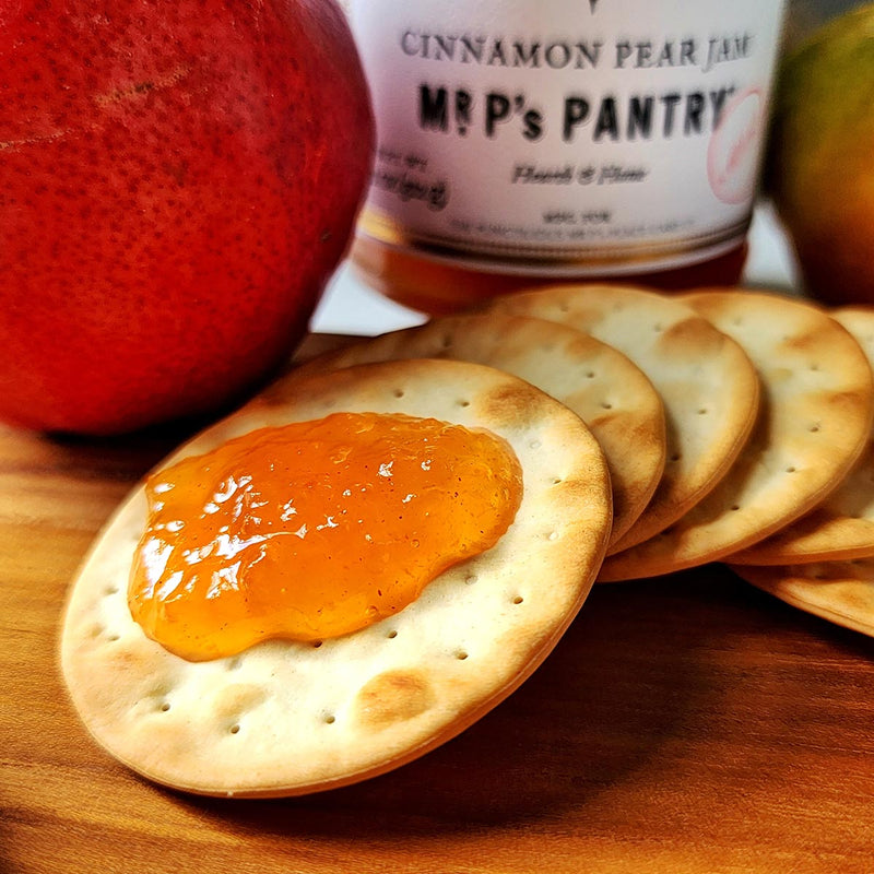 a dollop of Mr. P's Pantry "cinnamon Pear Jam" on a trader joe cracker