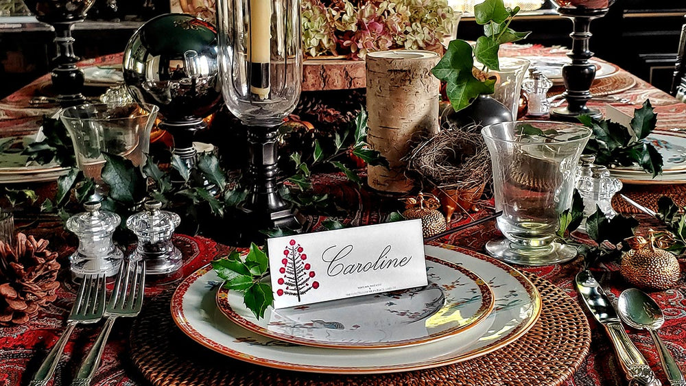 the punctilious mr. p's place card co. x marian mcevoy tannenbaum laydown place card on a warmly designed holiday table
