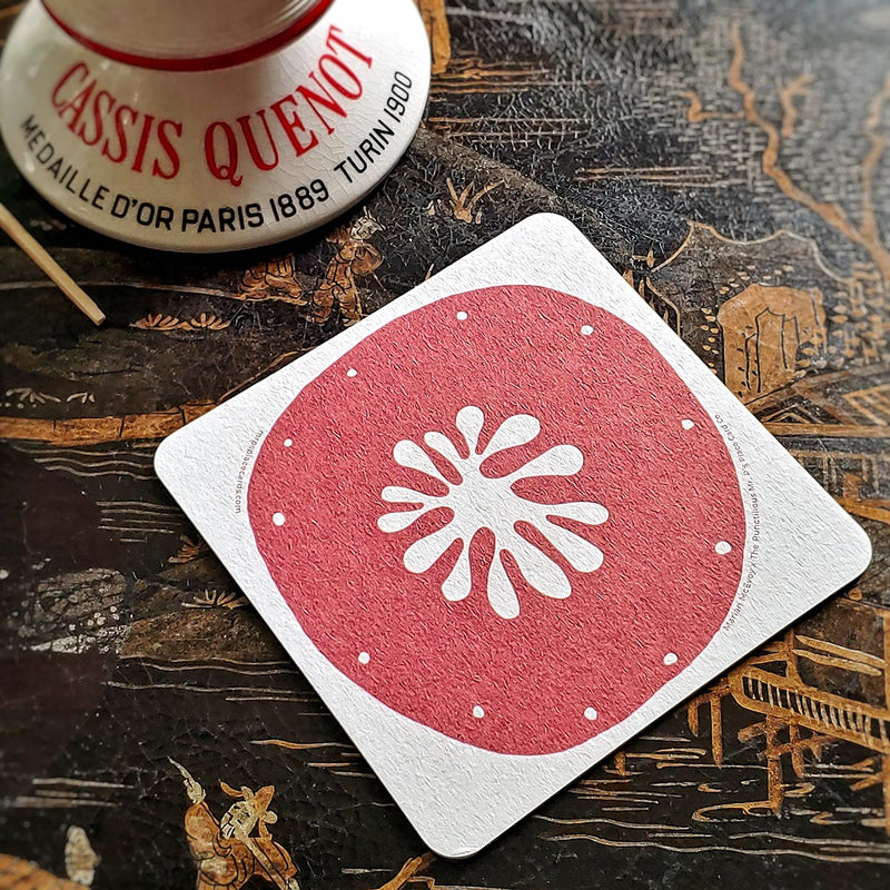 The Punctilious Mr. P's collaboration with marian mcevoy (aka gust the poodle) european pulp board drinks coasters with round red motif
