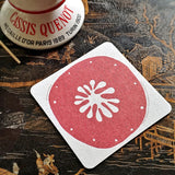 The Punctilious Mr. P's collaboration with marian mcevoy (aka gust the poodle) european pulp board drinks coasters with round red motif