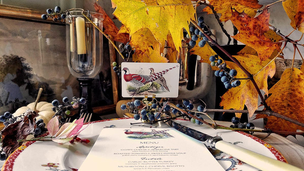 mr. P's Pheasantry place cards and coordinating menu cards with candle and golden yellow leaves
