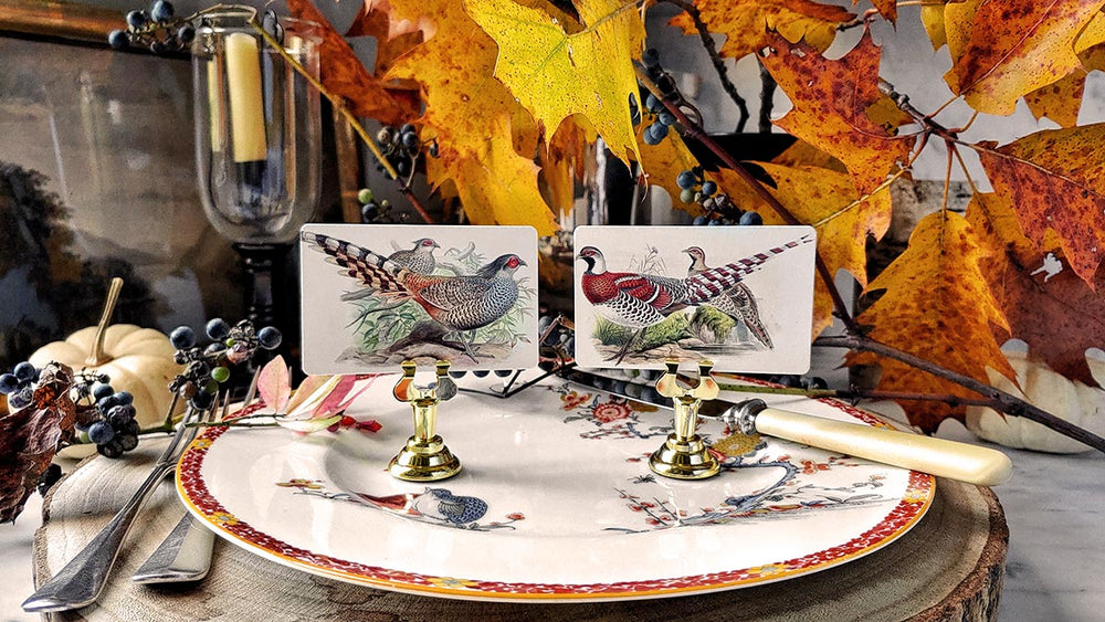 the punctilious mr. p's place card co. "pheasantry" place cards that create a beautiful autumnal thanksgiving tablescape